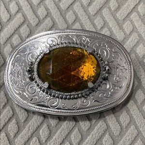 VINTAGE 1970s BROWN CUT GLASS AMBER WESTERN BELT BUCKLE 3.5”x2.25”